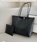Black Croc-Embossed Tote Bag with Pouch