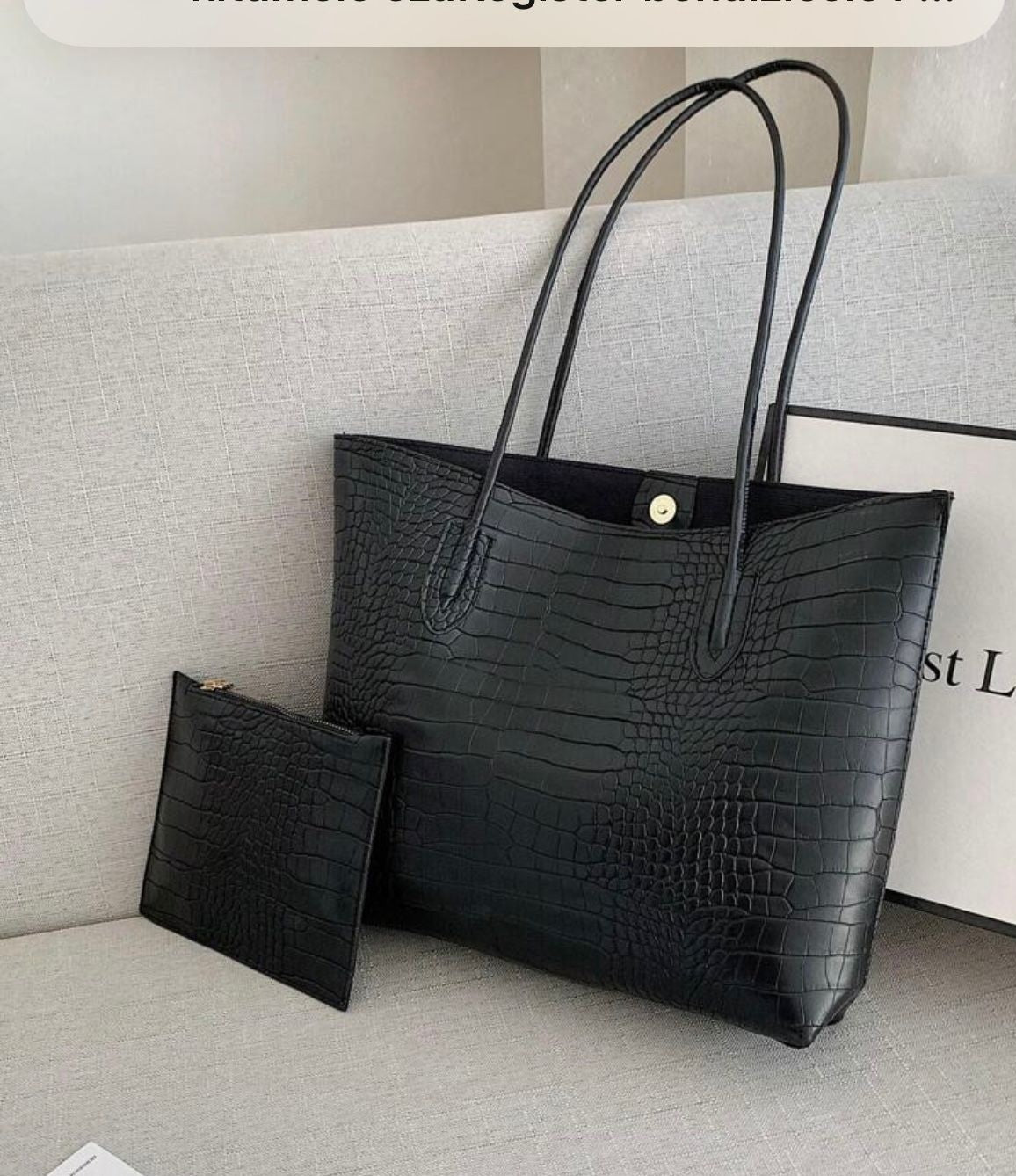 Black Croc-Embossed Tote Bag with Pouch